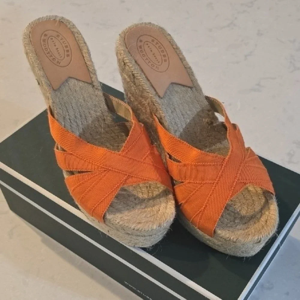 Stubbs & Wootton Orange Grosgrain Espadrille Wedge Sandals Palm Beach Slides